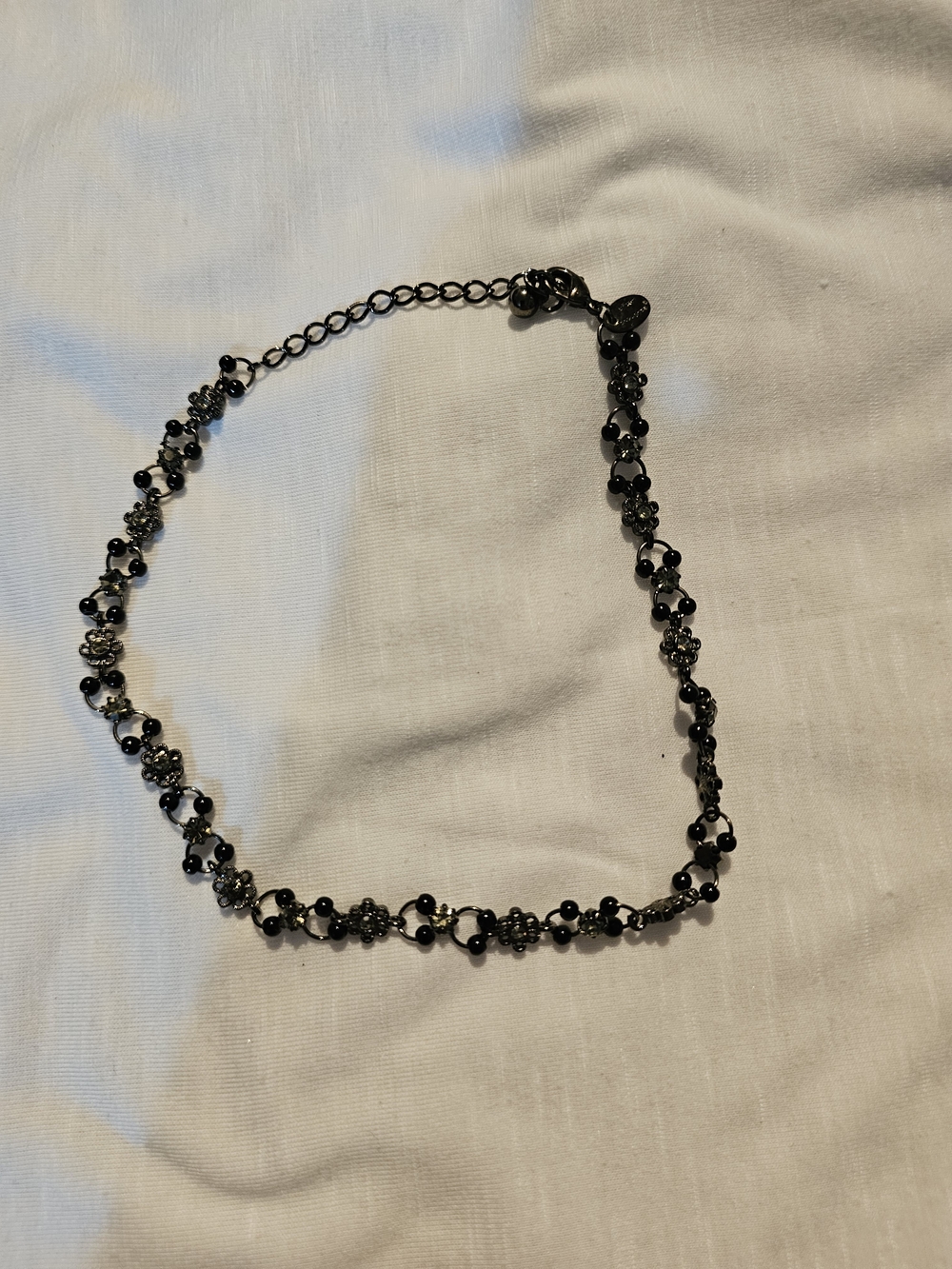 Black Beaded Floral-Link Necklace with Adjustable Chain